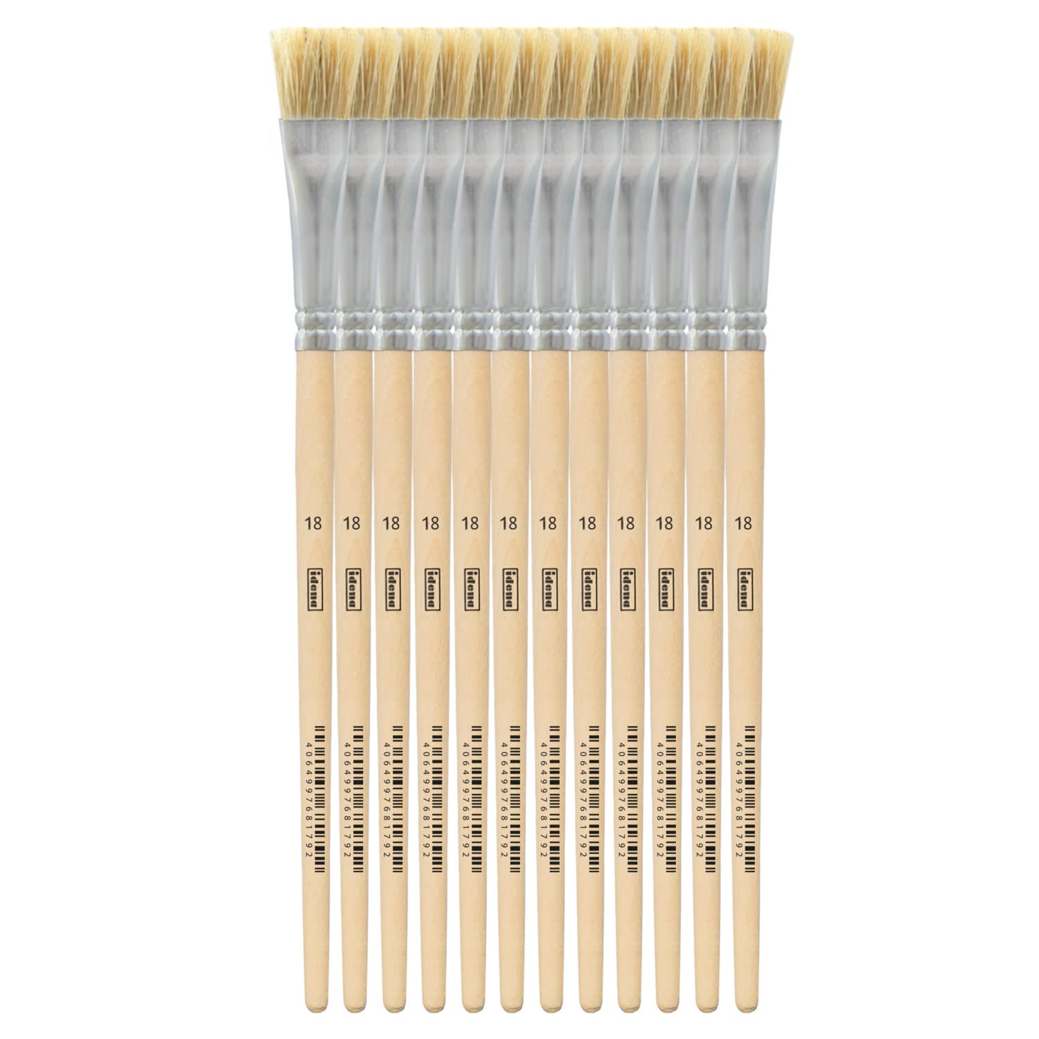 Idena 90101 Bristle Brush, Size 18, with Unpainted Wooden Handle, Set of 12, Painting Brushes for School Children Hobby Artists