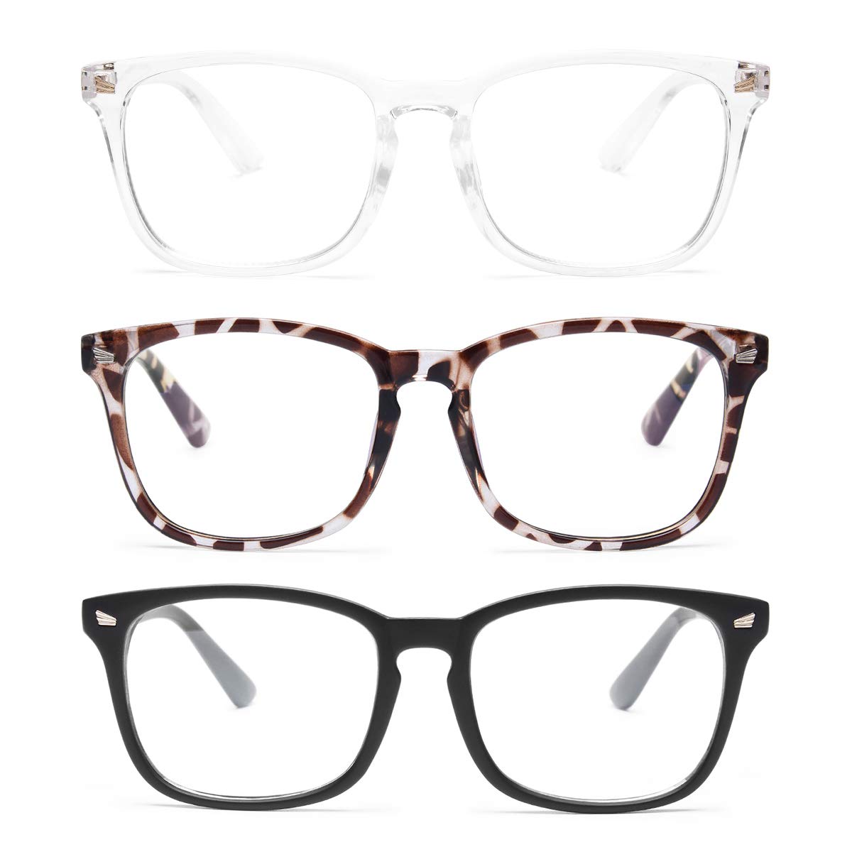 Gaoye 3-Pack Blue Light Blocking Glasses, Fashion Square Fake Nerd Eyewear Anti UV Ray Computer Gaming Eyeglasses Women/Men