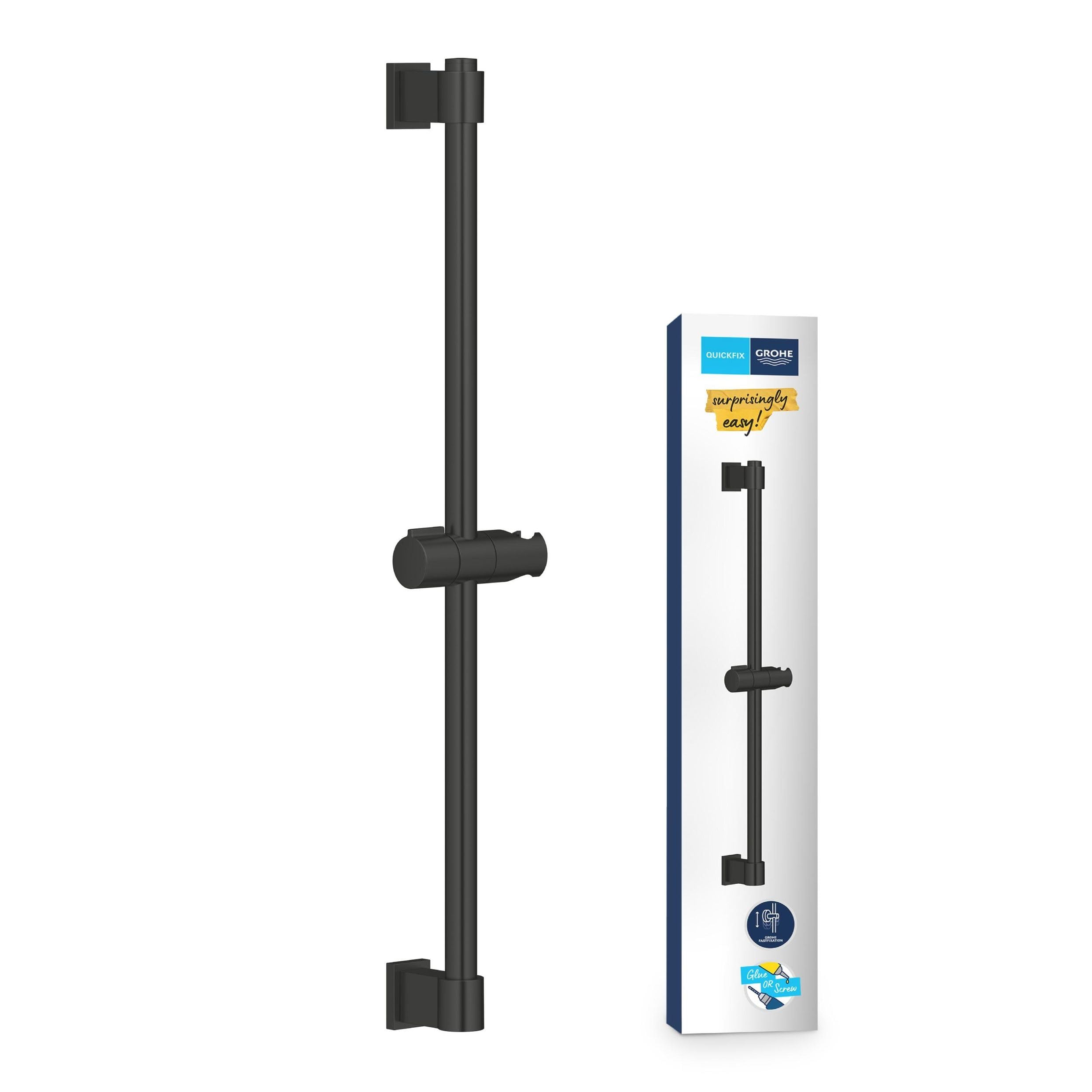 GROHE Vitalio Universal QuickFix - Shower Rail 60 cm with Adjustable Wall Holders, Glide Element and Swivel Holder (with Screws and Dowels, Easy to Fit QuickGlue), Matt Black, 277242431