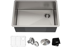Kraus KHU110-27 Standart PRO 27-inch 16 Gauge Undermount Single Bowl Set (5 Item Bundle: Sink, Bottom Grid, Assembly, Drain Cap, Kitchen Towel), 27 Inch, Stainless Steel