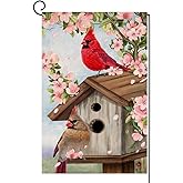BLKWHT Spring Cardinal Bird Garden Flag 12x18 Vertical Double Sided Pink Flowers Tree Summer Farmhouse Holiday Outside Decorations Burlap Yard Flag BW792