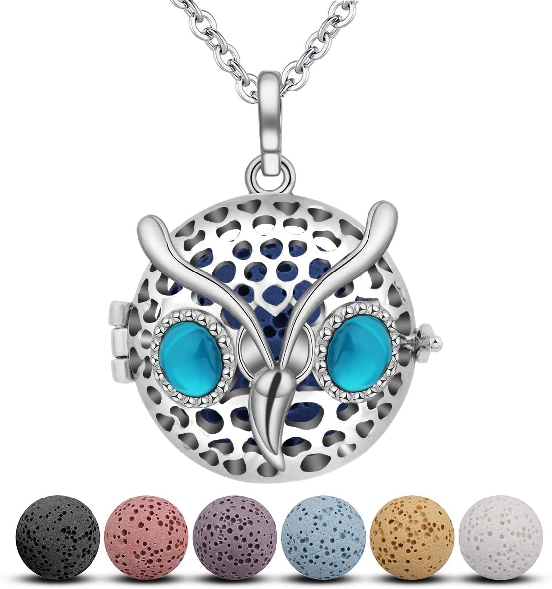 Aromatherapy Essential Oil Diffuser Necklace for Women Girls, Fashion Silver Locket Pendant, Gifts for Office Ladies, 7 Lava Beads, 24" Chain