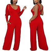 Women's Casual 2 Piece Outfits Ribbed Knitted Batwing Long Sleeve Cardigan Tank Wide Leg Jumpsuits Sets With Pocket