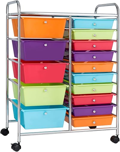 TANGZON 15 Drawer Storage Cart with Lockable Wheels Rainbow 63x37x87cm
