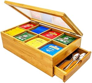Caja de almacenamiento de madera para té y alimentos, tapa transparente