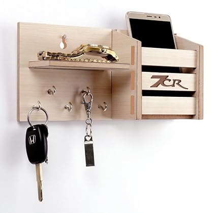 7cr Wooden Key Holder Pocket with Shelf - (13.2x10.2 cm, Light Brown)