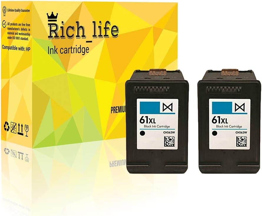 Rich_life Remanufactured Ink Cartridge Replacement For HP61XL HP 61XL Black Inkjet Cartridges Compatible HP Printer Deskjet ENVY Officejet 2 Pack (Black)