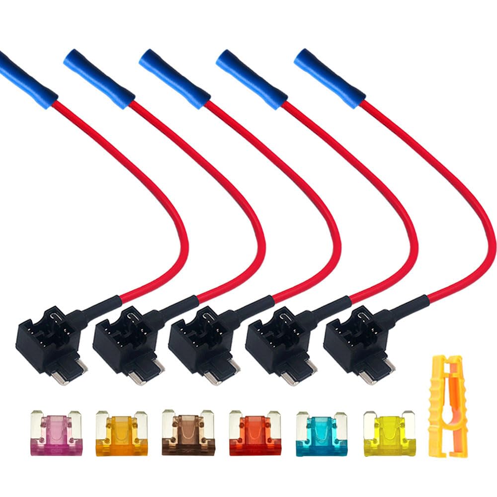 QitinDasen 5pcs Premium 12V/24V ACN Low-Profile Piggyback and Micro Blade Fuses, Car Add-A-Circuit Fuse Tap, Wire Harness, and Fuse Puller