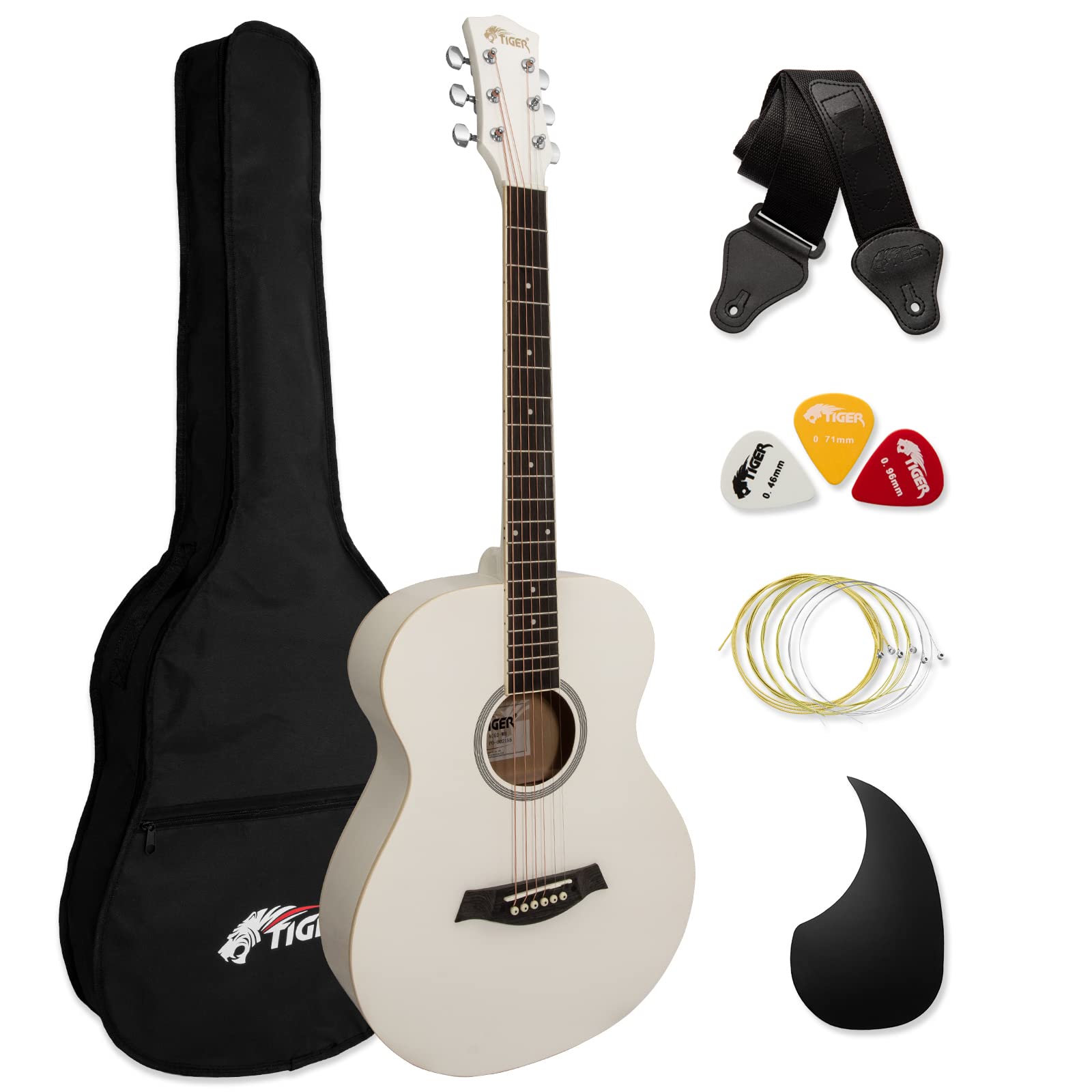 Acoustic Guitar for Beginners - Full Size, Steel-String - includes Gig-bag, Strap, Scratchplate and Spare Strings - White - TIGER ACG2-WH