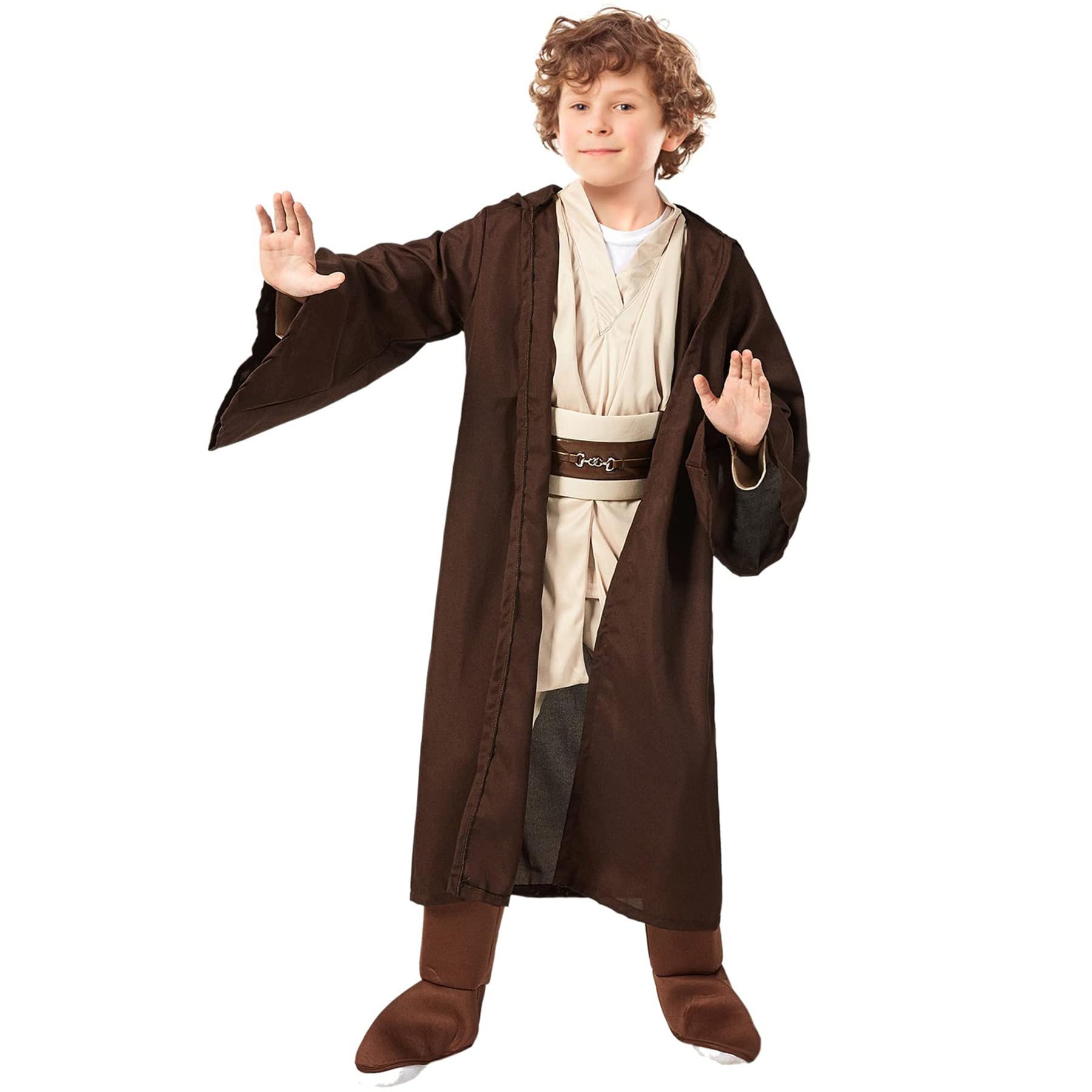 SINSEN 5PCS Kids Jedi Costume Obi Wan Hooded Robe Cloak Kenobi Tunic Top Pant Belt Uniform Set Fancy Dress Cosplay for Halloween Party Boys Girls Child (Medium/7-10Y)