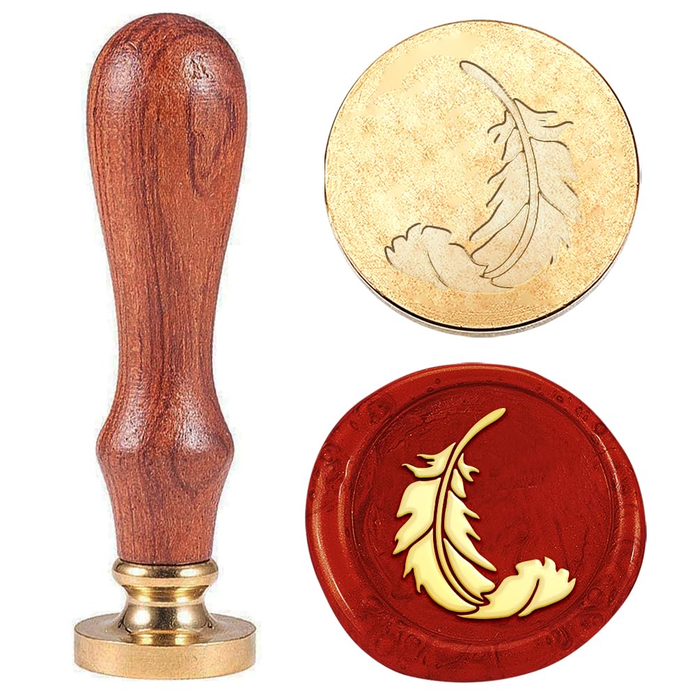 Hobbspring 1pc Feather Wax Sealing Stamp Vintage Wax Seal Stamp 25mm Removable Brass Head Stamp with Wooden Handle for Invitations Envelope Card Gift Wedding Decoration Back to School