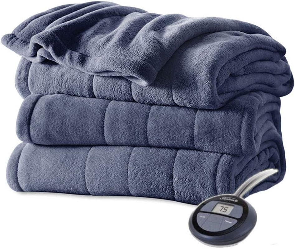 Sunbeam Soft Channeled Velvet Plush Electric Heated Warming Blanket Twin Lagoon Blue Washable Auto Shut Off 10 Heat Settings