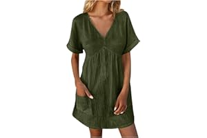 BXJX summer linen dresses for women 2024 casual v neck knee length sundresses with sleeve comfy summer vacation dresses