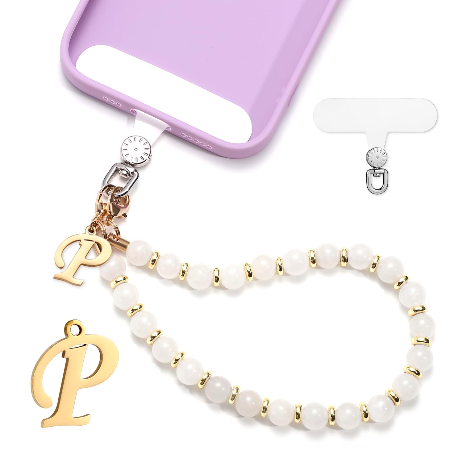 lasuroa 1 Set Beaded Phone Wrist Strap, Initial Phone Charms Detachable Cell Phone Chain Lanyard with Tether Tab Hands-Free Beads Mobile Phone Wristlet Bracelet for Women Girls Gift (Letter P)