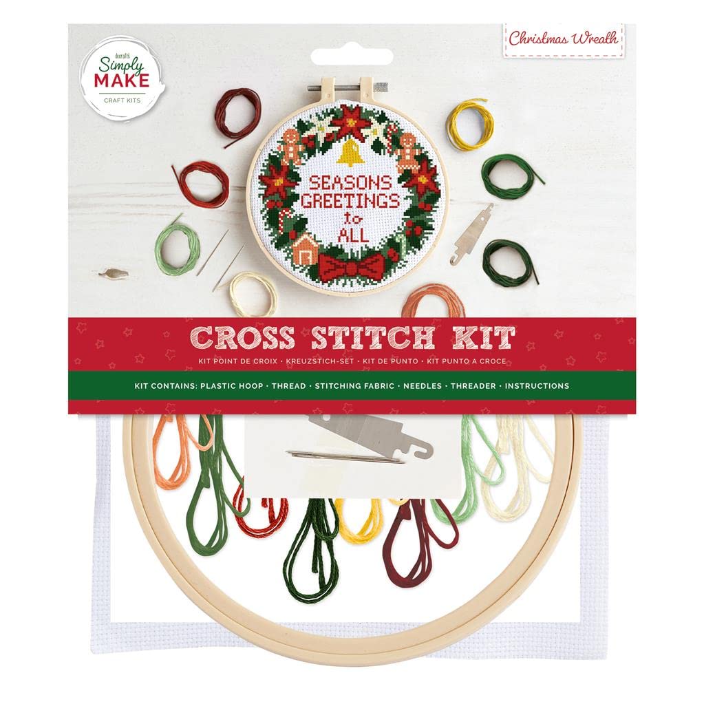 Simply Make Cross Stitch Kit - Christmas Wreath Design for Kids and Adults, Including Hoop, Embroidery Thread, Fabric and Needle - Perfect for Adult Crafts and Beginners Starter Cross Stitch Craft Kit — image 1