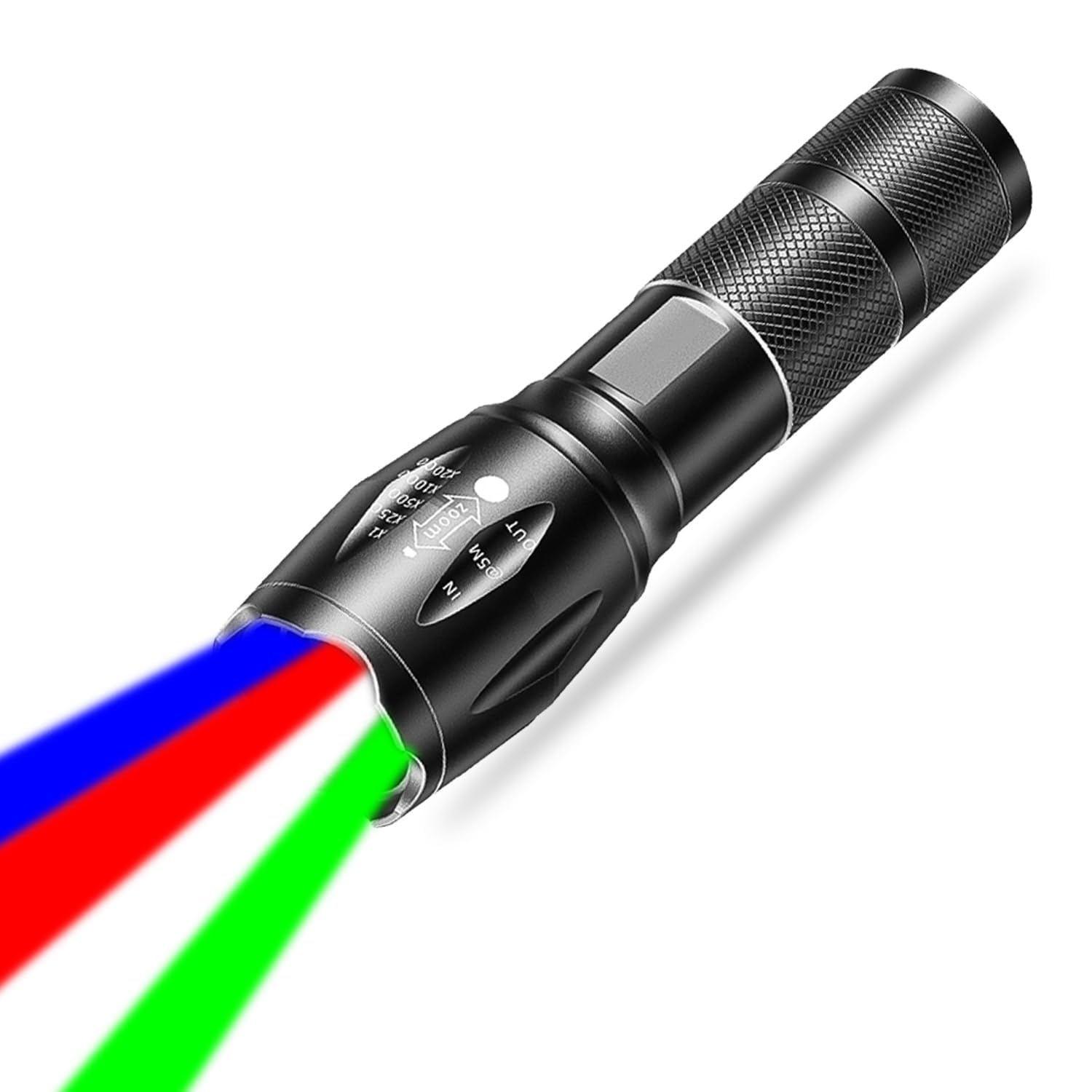 POCKETMAN Super Bright Rechargeable Torch Green Light Blue Light Multicolor 4 Colors in 1 LED White Red Blue Green 4 Modes Zoomable for Camping Outdoor (1PCS)