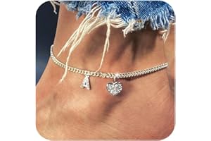 Sewyer Dainty Silver Initial Anklets for Women 14K Plated Sparkle Ankle Bracelets Simple Personalized Letter Anklet CZ Heart Cuban Chain Everyday Summer Jewelry Gift for Her