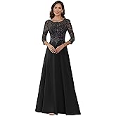 WarmTide Mother of The Bride Dresses -Long Chiffon Lace Appliques with 3/4 Sleeve Scoop Neck Foraml Evening Gown