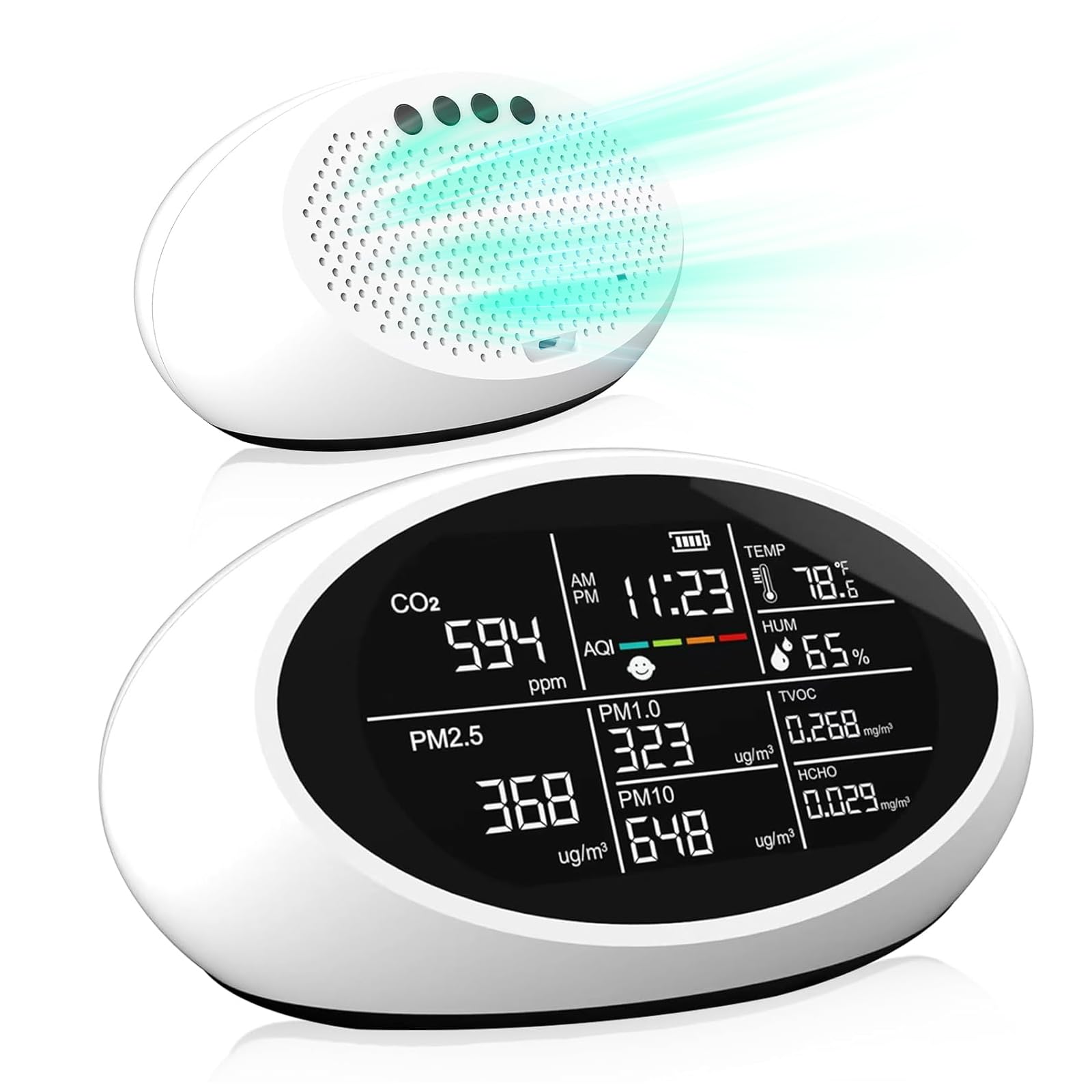 Photo 1 of 12 in 1 Air Quality Monitor Indoor, Portable CO2 Detector for CO2, Temperature (°F), Humidity, VOC, PM2.5, PM1.0, PM10 & Time Display, ?Dual Chip & High Accuracy? Air Quality Tester for Home