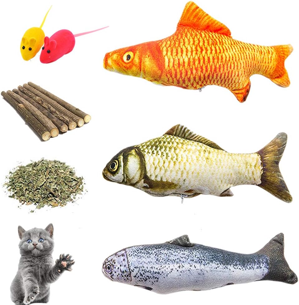Cat Toys Catnip Toys Assortments, 3 Refillable Catnip Fish, 6 Catnip Matatabi Chew Sticks, 2 Squeaky Mouse, with Extra Catnip for Refill, Best for Cat, Kitty, Kitten, Puppy(Pack of 11)