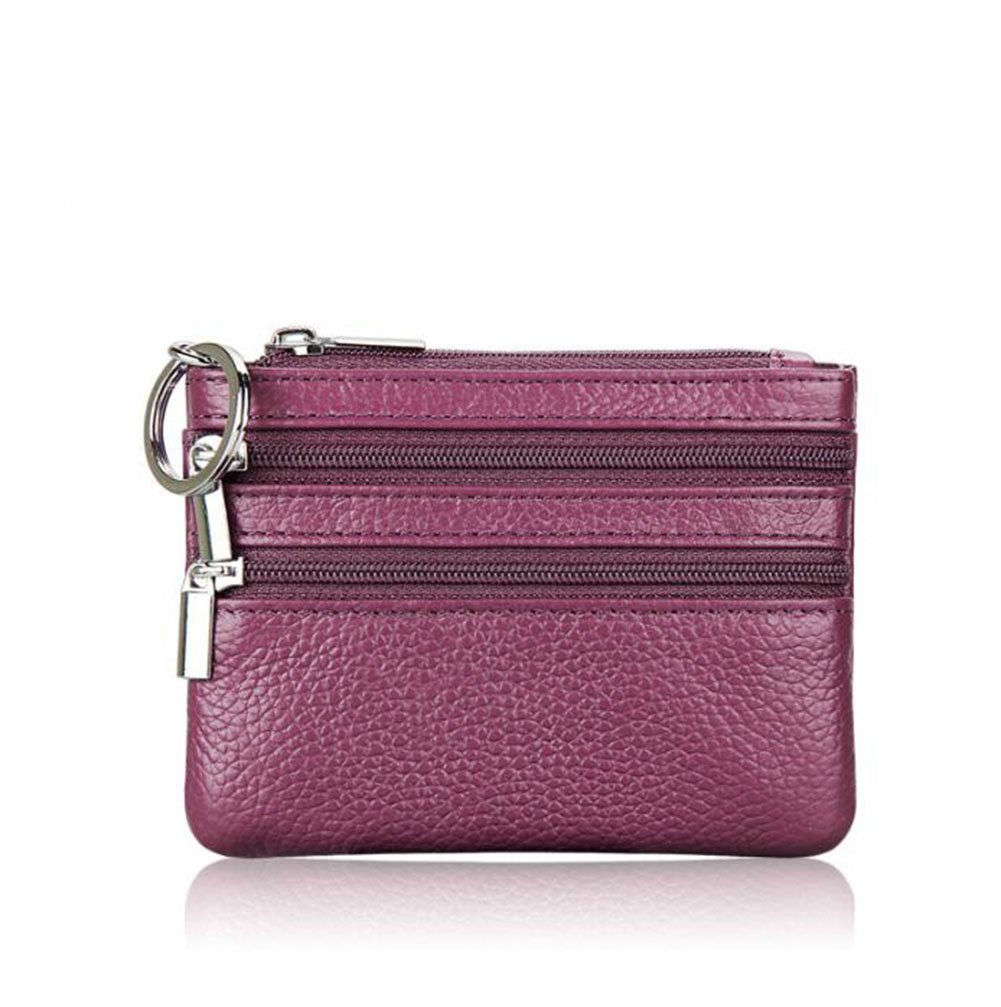 AprinCtempsD Ladies Genuine Leather Small Coin Purse with Zip Womens Mens Mini Wallet Pouch with Key Ring (Purple)