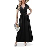 ANRILITA Maxi Dress for Women 2026 Wrap V Neck Short Sleeve Empire Waist Summer Casual Elegant Flowy Long Dresses with Pocket