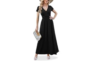 ANRILITA Maxi Dress for Women Wrap V Neck Short Sleeve Empire Pleated Waist Summer Casual Elegant Long Dress with Pockets