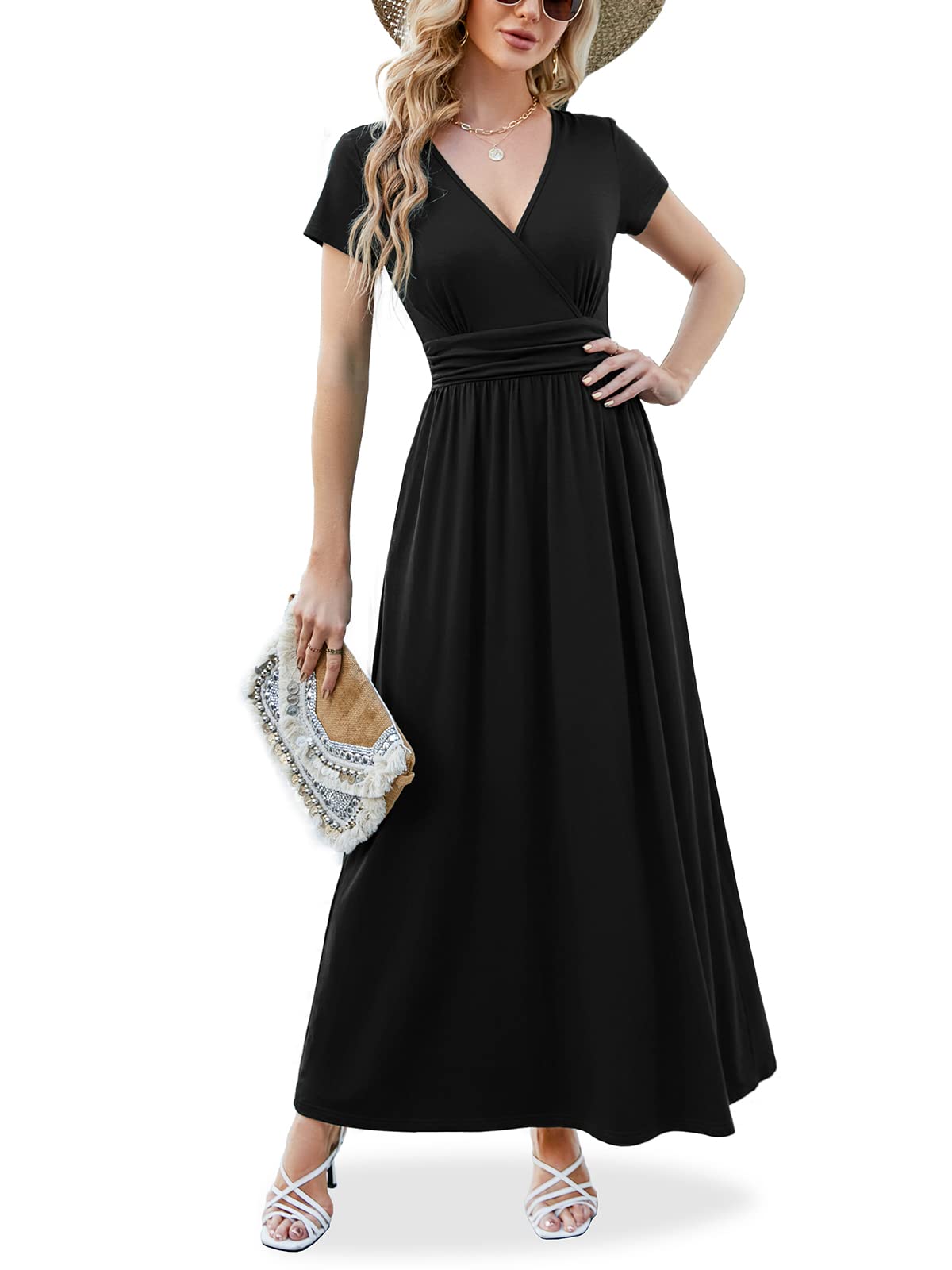Photo 1 of ANRILITA Maxi Dress for Women Wrap V Neck Short Sleeve Empire Pleated Waist Summer Casual Elegant Long Dresses with Pockets Black