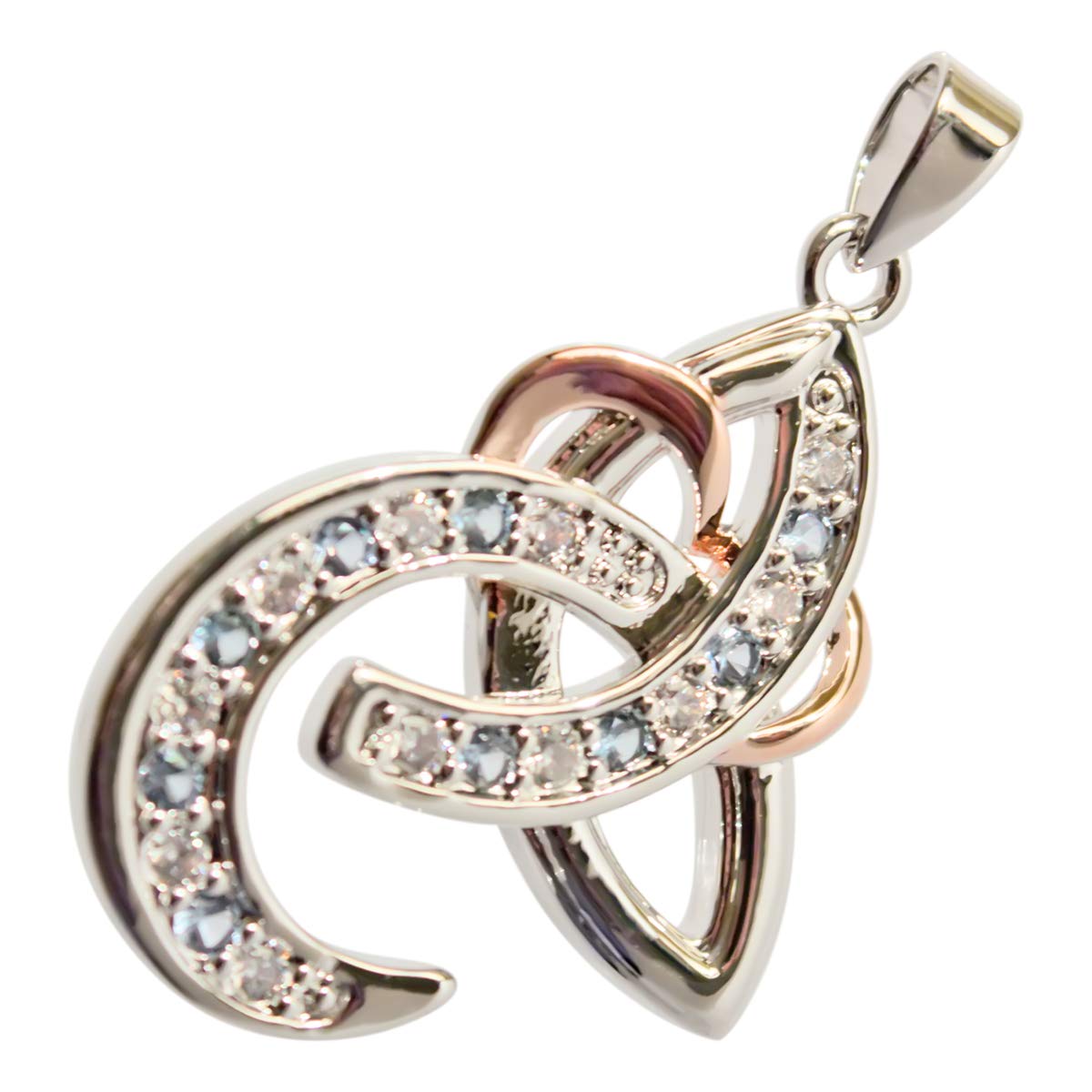 GWG Jewellery 18K White Gold Coated Celtic Trinity Knot Adorned with Turquoise Green Blue Stones and Rose Gold Coated Heart 2 Tone Pendant Necklace in Gift Box for Women