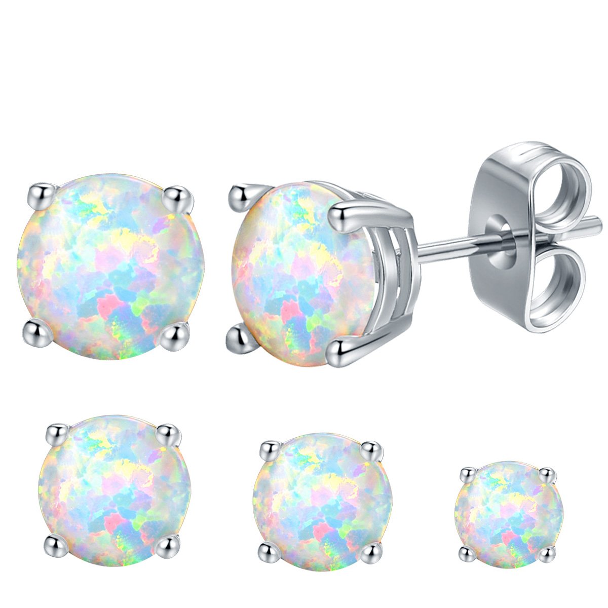 VOLUKA 18K White Gold Plated Opal Stud Earrings for Womens Sensitive Ears 3 Pairs 3/5/7mm