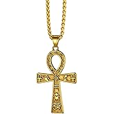 Stainless Steel/Gold/Black Plated Ankh Cross Pendant Necklace for Men Women with Wheat Chain Religious Jewelry(with Gift Box)
