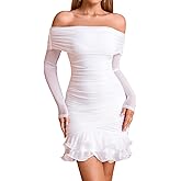 XinFSh Sexy Long Sleeve Bodycon Mini Dress for Women Fall Off The Shoulder Ruched Ruffle Hem Short Party Club Dresses