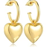 Gold Heart Earrings for Women 18K Gold Plated 925 Sterling Silver Pearl Drop Earrings Dangle Hypoallergenic Puffy Heart Pendant Hoop Earrings Jewelry Gifts for Lover