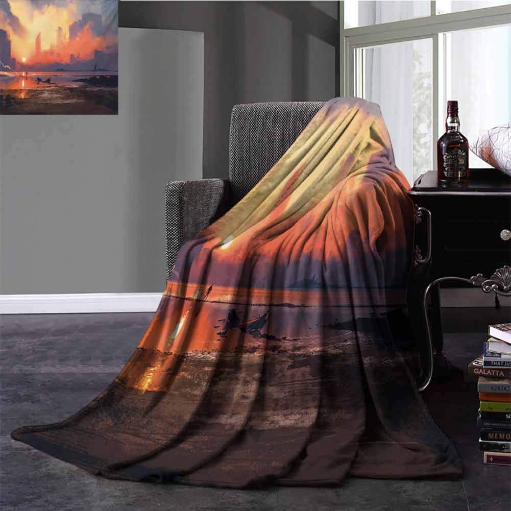 Fantasy World Silky Soft Plush Blanket Man on Sandy Beach with City Skyscrapers Skyline Sunset Oil Paint Graphic Super Soft Plush Blanket Twin Size Orange Blue 60x80 Inch