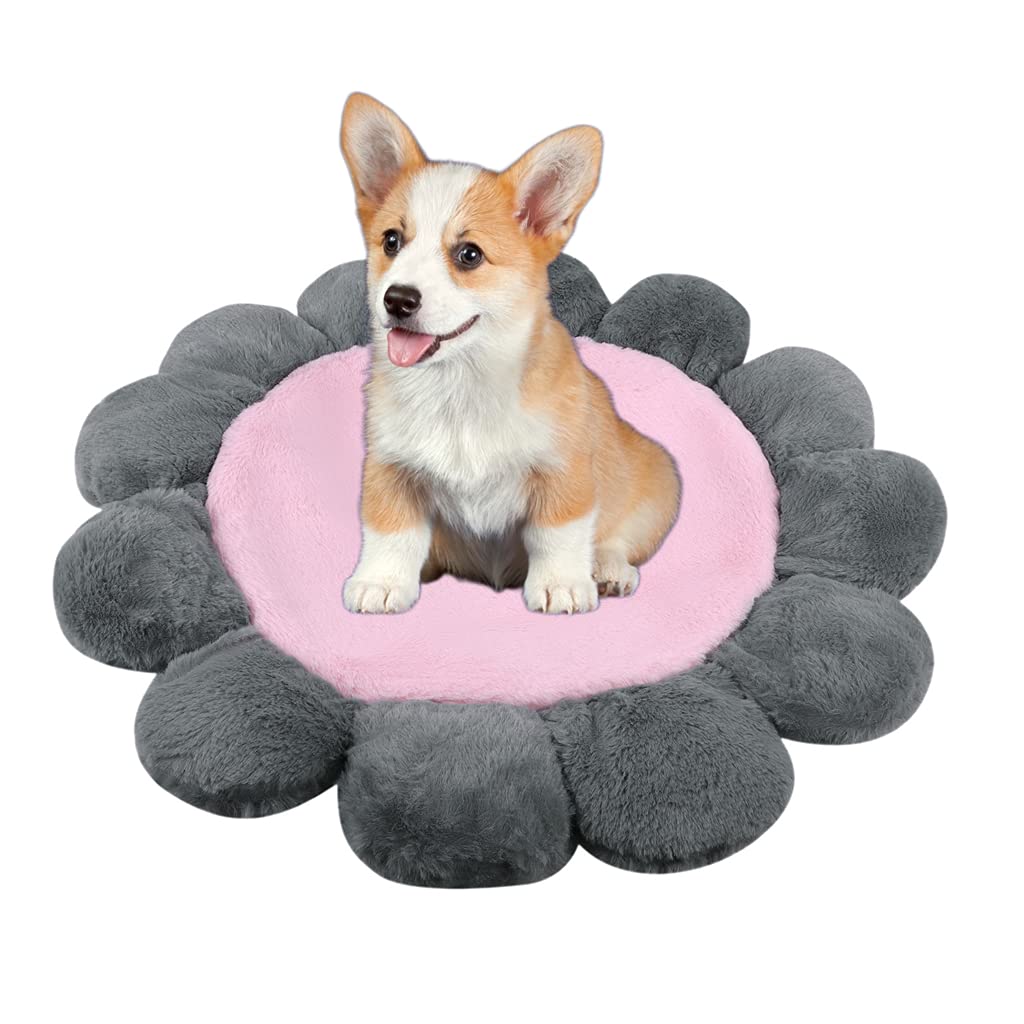 Flower Dog Cushion Sleeping Pad Soft Blanket Cat Kitten Bed Mat Pet Plush Sofa Dog Crate Bed Mattress Cage Pillow Washable Cushion Cuddler for Cats Kitty Puppy 55CM (Pink+Grey)
