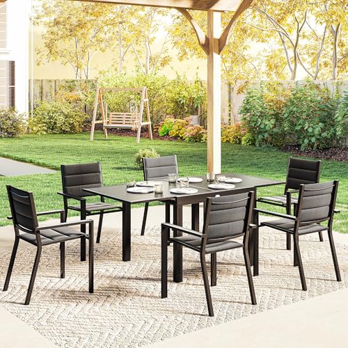 Outsunny 7 Piece Patio Dining Set for 6, Aluminum Expandable Outdoor Table and Stackable Chairs with Padded Back and Mesh Seats, Patio Furniture Dining Set for Garden, Black