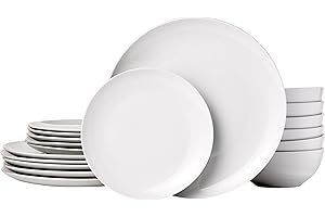 Amazon Basics 18-Piece Kitchen Dinnerware Set, Plates, Dishes, Bowls, Service for 6, White Porcelain Coupe