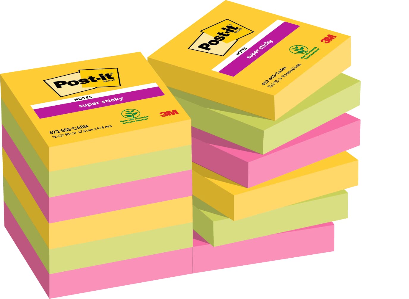 Post-it Super Sticky Notes, 1080 Sheets, Value Pack of 12 Pads, 47.6 mm x 47.6 mm - Holds Strong to Many Surfaces - Yellow, Green, Pink - for Walls, Monitors and Fridge, Recycable