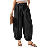 TARSE Womens Linen Barrel Harem Pants Casual Wide Leg Baggy Drawstring Boho Summer Beach Palazzo Travel Pants