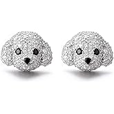 Poodle Maltese Puppy White Dog Cubic Zirconia Cz Rhinestone Silver Plated Pierced Stud Earrings Paw Print Jewelry for Women
