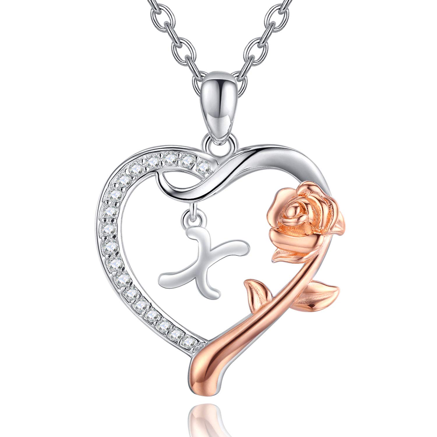 Initial Necklace Sterling Silver Alphabet Roseflower Heart Letter Pendant Necklaces Personalised Jewellery Letter Necklaces Gift for Women Girls (X) — image 1