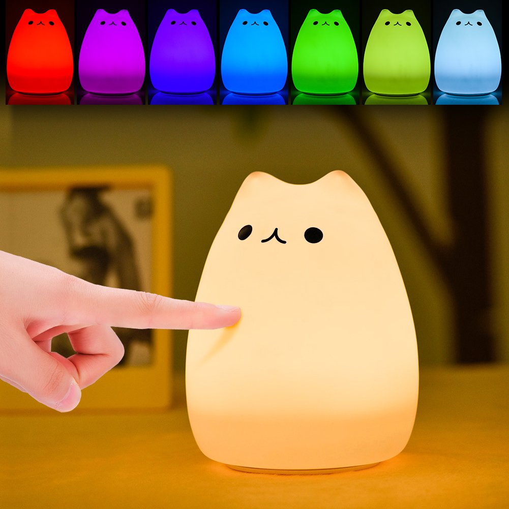 Children Night Light, 7 Colour LED Cute Silicone Cat Lamp, USB Rechargeable Touch-Control, Bedside Light Nursery Lamp for Baby Kid, Multicolor Fairy Light Decoration, Soft Decompression Toy Gift