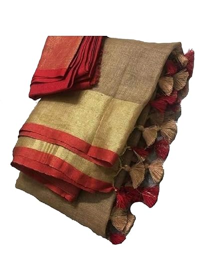 Women's Jivika Linen Slub Saree with Contrast Blouse (Gold, Red)