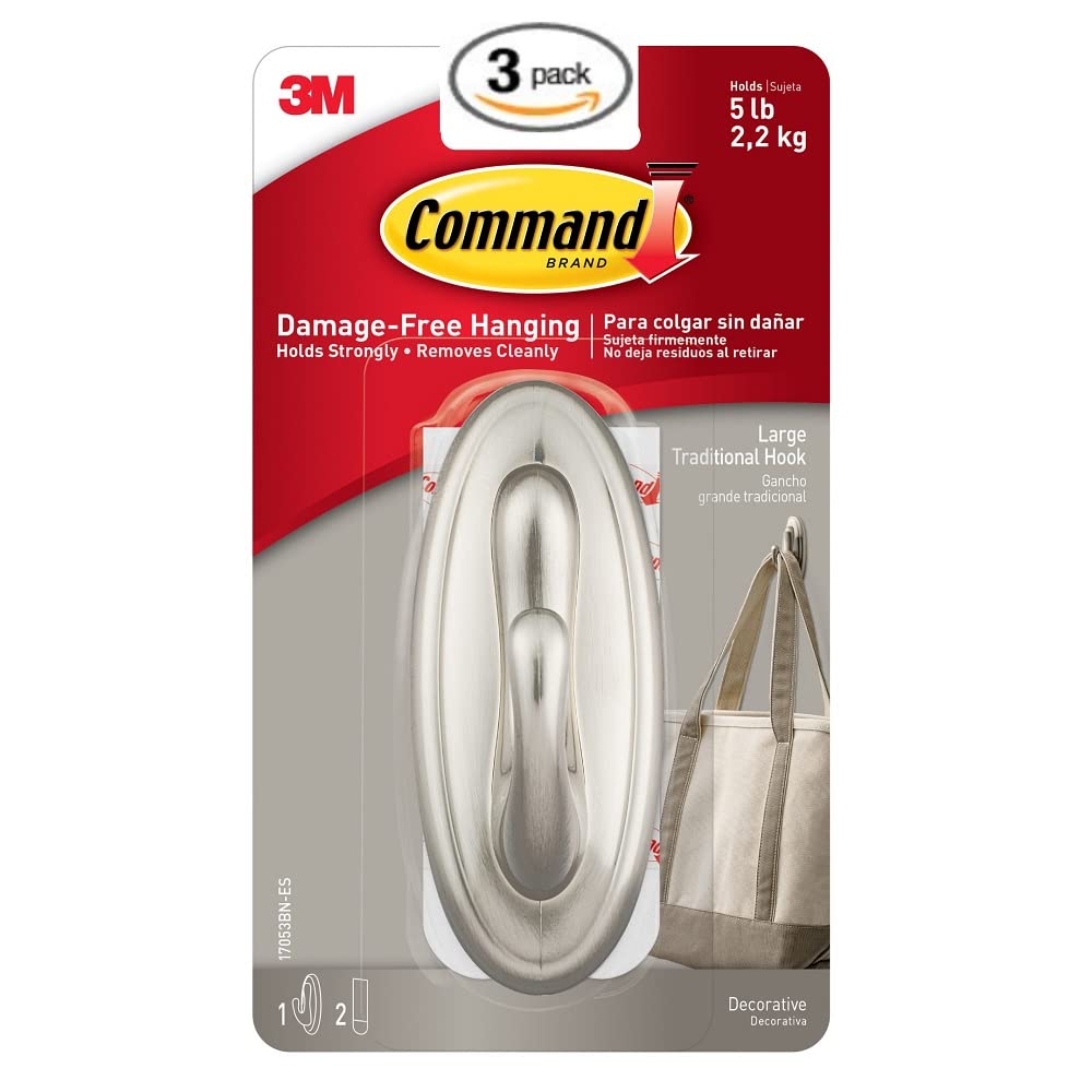Command Traditional Plastic Hook, Large, Brushed Nickel, 1-Hook (17053BN-ES)