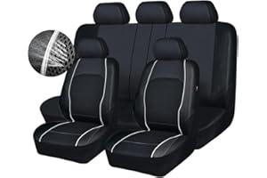HORSE KINGDOM Leather Car Seat Covers, 3D Air Mesh Universal Seat Cover Full Set for Truck,Suvs,Sedans,Breathable Faux Leather with Airbag(Full Black)