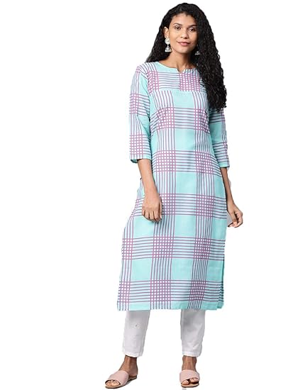 Women's Sea Green & Pink Panelled Checked Straight Kurta (PALVI RAMA)