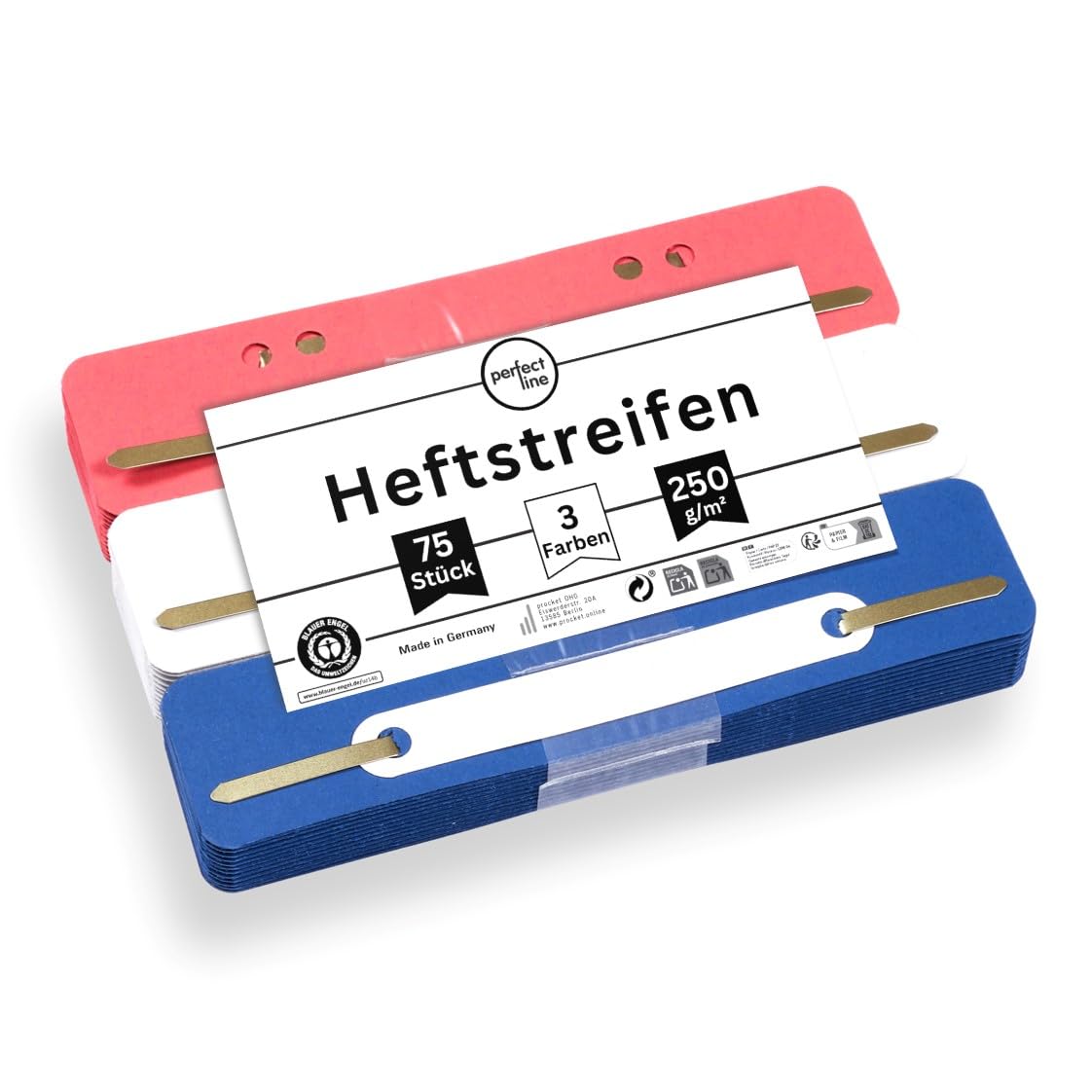 perfect line • 75 Stapling Strips Cardboard, Recycled Cardboard, 250 g/m², Made in Germany (Red, Blue, White)