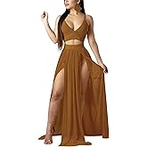 Women Sexy 2 Piece Outfits Dress Chiffon Strap Deep V Neck Bra Crop Top High Split Maxi Dresses Skirt Set