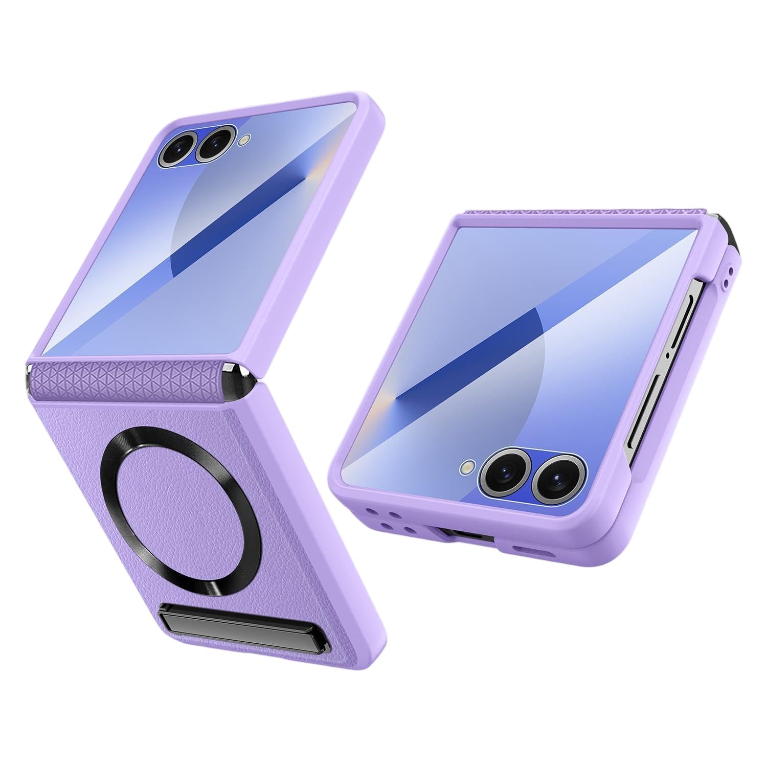 Photo 1 of XIMAND for Samsung Galaxy Z Flip 7 Case with Spring-Loaded Retractable Hinge Protection & Built-in Front Screen Protector & Kickstand, Magnetic Compatible with Magsafe.(Purple)