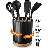 LoeJan 3 Compartment Utensil Holder, 7.2" Extra Large Utensil Crock, Stable Ceramic Utensil Organizer, Cooking Tool Organizer